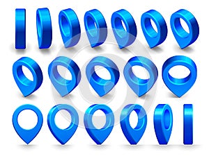 Location pin pointers. Map navigation 3d pins, navigate locations pointer and maps navigator locate marker isolated vector set