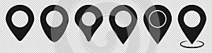 Location pin set in black. Map pointer on transparent background. Place marker in different styles. Navigation arrow collection.