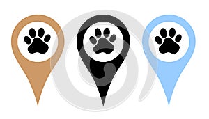 Location pin set. Pins indicating the location of a veterinary clinic, pet store, animal care center. Badges depicting