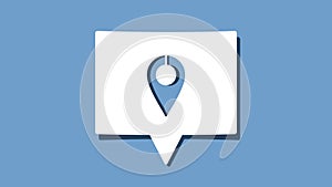 Location pin symbol on cutout white paper speech bubble on blue background