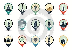 Location Pin Vector Set with Cultural Icons