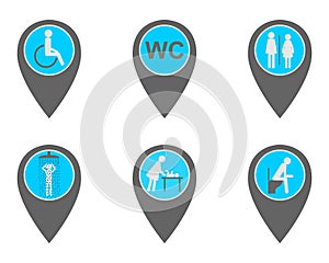 Location pins with symbols for washroom
