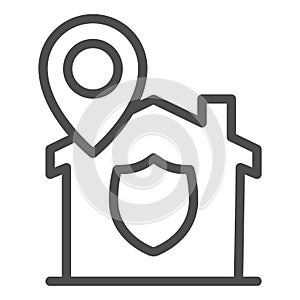 Location pointer and building with protect emblem line icon, smart home symbol, security and protection vector sign on