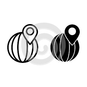 Location pointer on globe line and glyph icon. Location pin vector illustration isolated on white. World map outline