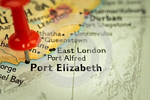 Location Port Elizabeth in South Africa, map with push pin close-up, travel and journey concept with marker, Africa