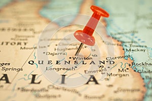 Location Queensland state in Australia, map with push pin close-up, travel and journey concept