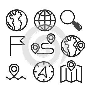 Location, Route and navigation icons set isolated. Modern outline on white background