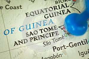 Location Sao Tome and Principe islands, map with push pin close-up, travel and journey concept with marker, Africa