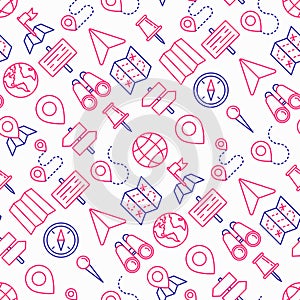 Location seamless pattern with thin line icons: pin, pointer, di