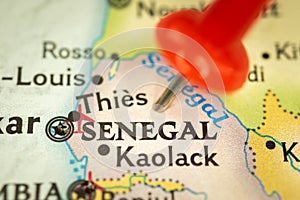 Location Senegal and Kaolack, map with push pin close-up, travel and journey concept with marker, Africa