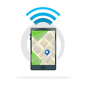 Location signal on phone vector flat material design isolated object on white background.