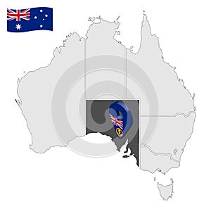Location of South Australia on map Australia. 3d South Australia  flag map marker location pin. Quality map with States of Austral