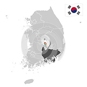 Location of South Gyeongsang on map South Korea. 3d location sign similar to the flag of Gyeongsangnam-do. Quality map  with  prov