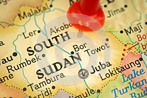 Location South Sudan, map with push pin close-up, travel and journey concept with marker, Africa