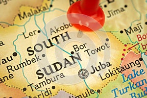 Location South Sudan, map with push pin close-up, travel and journey concept with marker, Africa photo