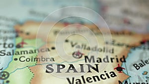 Location Spain, push pin on map close-up, marker of destination for travel, tourism and trip concept, Europe
