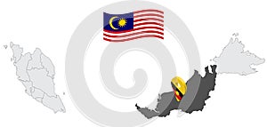 Location of State Sarawak on map Malaysia. 3d  State Sarawak flag map marker location pin. Quality map with States of Malaysia for