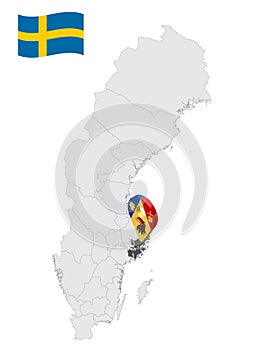 Location Stockholm County on map Sweden. 3d location sign similar to the flag of Stockholm County. Quality map  with regions of  S