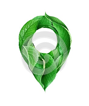 Location symbol made of green leaves isolated on a white background