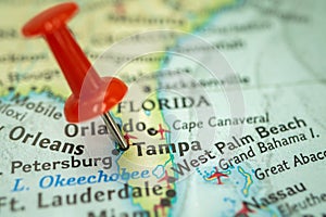 Location Tampa city in Florida, map with red push pin pointing close-up, USA, United States of America