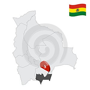 Location Tarija Department  on map Bolivia. 3d location sign similar to the flag of Tarija. photo