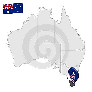 Location of Tasmania on map Australia. 3d Australian Tasmania  flag map marker location pin. Quality map with States of Australia