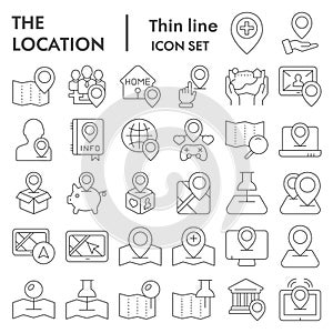 Location thin line icon set, navigation symbols collection, vector sketches, logo illustrations, direction signs linear