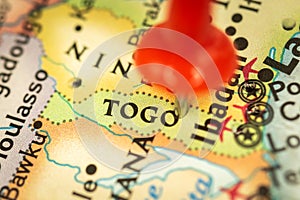 Location Togo, map with push pin close-up, travel and journey concept with marker, Africa