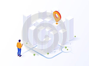 Location tracking concept isometric vector illustration. Choosing shortest road. Isometric illustration with man getting