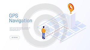 Location tracking concept isometric vector illustration. Choosing shortest road. Isometric illustration with man getting