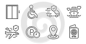 Location, Transport insurance and Disabled icons set. Lift, Passport and Honeymoon cruise signs. Vector