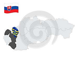 Location  Trnava  Region on map Slovakia. 3d location sign similar to the flag of Trnava Region. Quality map  with regions of Slov