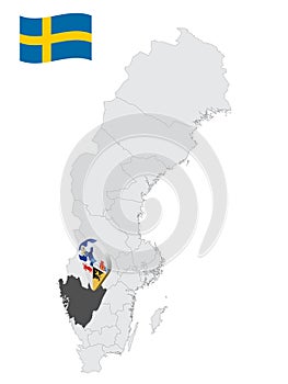 Location Vastra Gotaland County on map Sweden. 3d location sign similar to the flag of  Vastra Gotaland County. Quality map  with photo