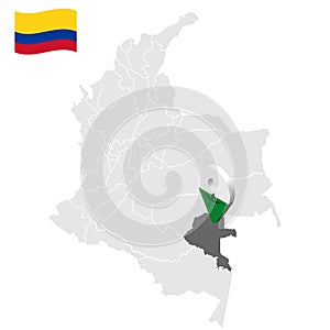 Location of Vaupes on map Colombia. 3d Vaupes location sign. Flag of Vaupes. Quality map with regions  of Colombi photo