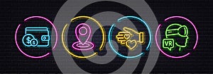 Location, Volunteer and Buying accessory minimal line icons. For web application, printing. Neon laser 3d lights Vector