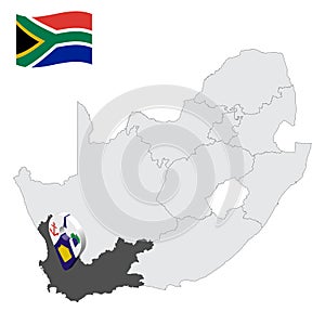 Location  Western Cape Province on map South Africa. 3d location sign similar to the flag of  province Western Cape. Quality map