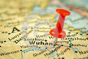 Location Wuhan in China, travel map with push pin point marker close-up, Asia journey concept