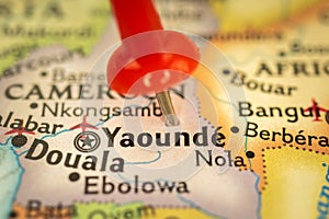 Location Yaounde in Cameroon, map with push pin close-up, travel and journey concept with marker, Africa