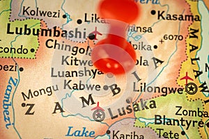 Location Zambia, map with push pin close-up, travel and journey concept with marker, Africa