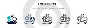 Locations icon in filled, thin line, outline and stroke style. Vector illustration of two colored and black locations vector icons