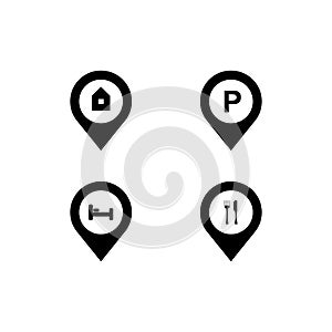 Locations, map logo vector illustration. Navigation signs. Black on white background