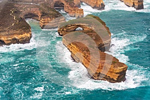 Loch Ard Gorge overhead aerial view with clouds and fog, Great O