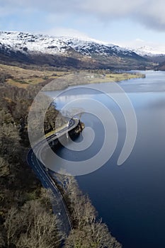 Loch Lomond aerial view showing the A82 road during autumn