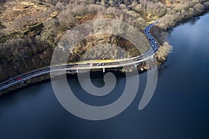 Loch Lomond aerial view showing the A82 road during autumn