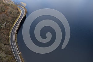 Loch Lomond aerial view showing the A82 road during autumn