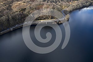 Loch Lomond aerial view showing the A82 road during autumn