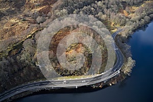 Loch Lomond aerial view showing the A82 road during autumn