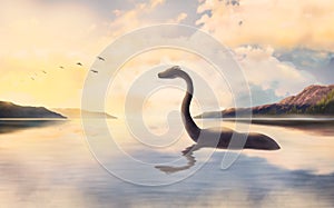 The Loch ness monster looks at the birds at sunset