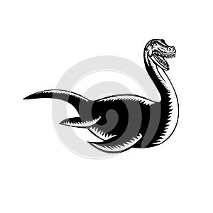 Loch Ness Monster or Nessie Swimming Retro Woodcut Black and White Style