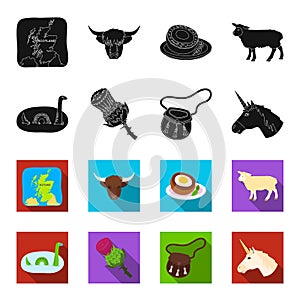 Loch Ness monster, thistle flower, unicorn, sporan. Scotland country set collection icons in black,flet style vector